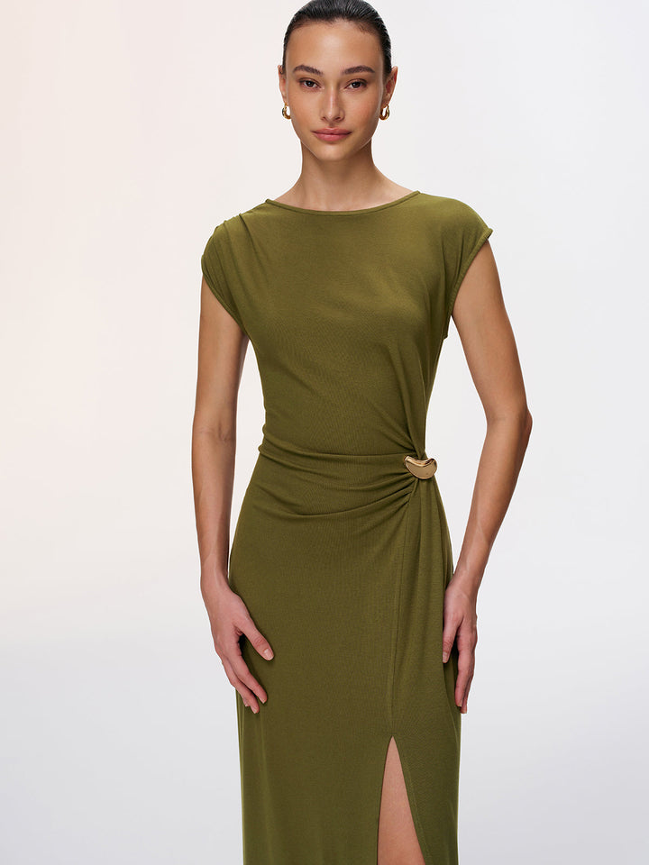 Valantomode | Chic High-Slit Cap-Sleeve Dress with Metal Accents