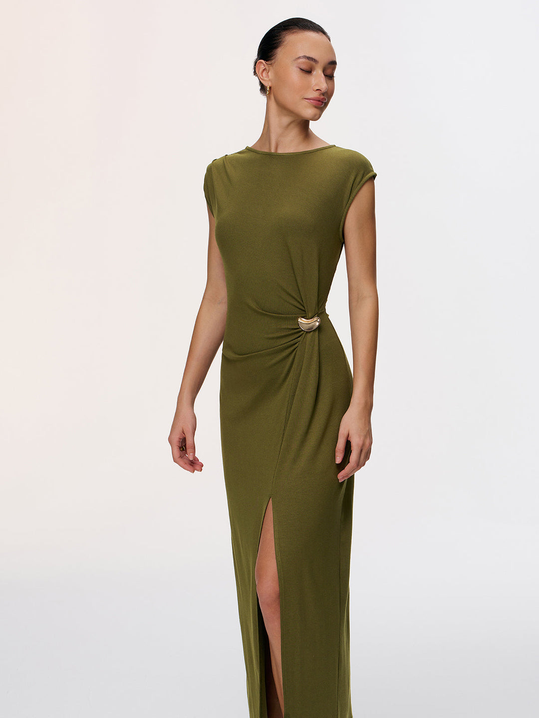Valantomode | Chic High-Slit Cap-Sleeve Dress with Metal Accents
