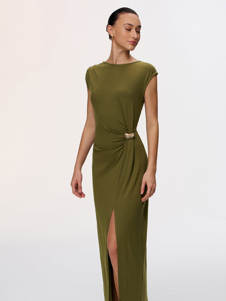 Valantomode | Chic High-Slit Cap-Sleeve Dress with Metal Accents