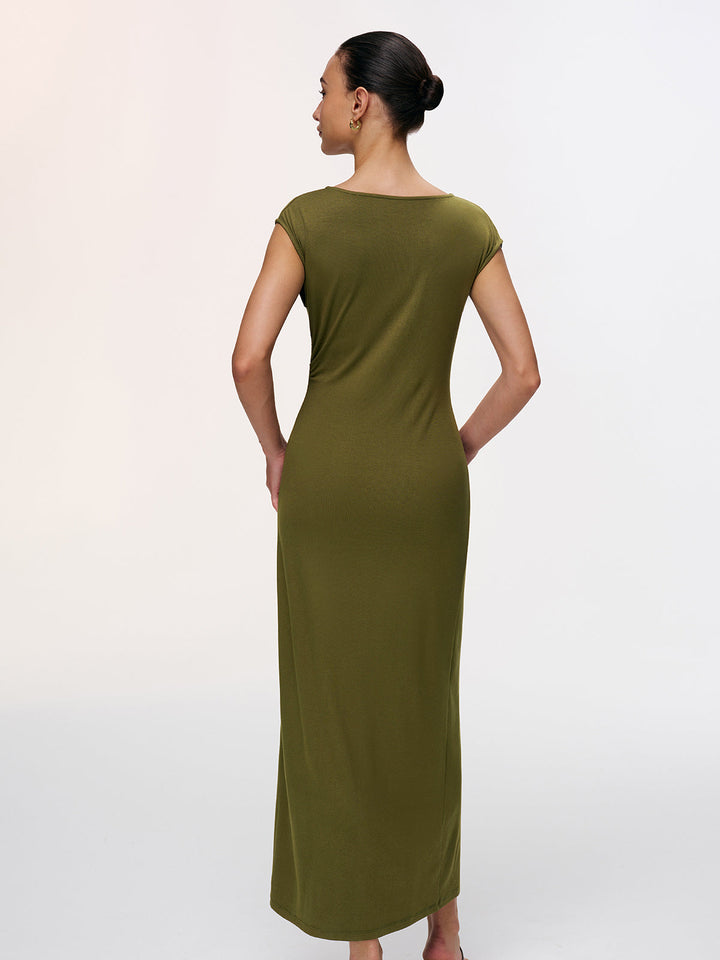 Valantomode | Chic High-Slit Cap-Sleeve Dress with Metal Accents