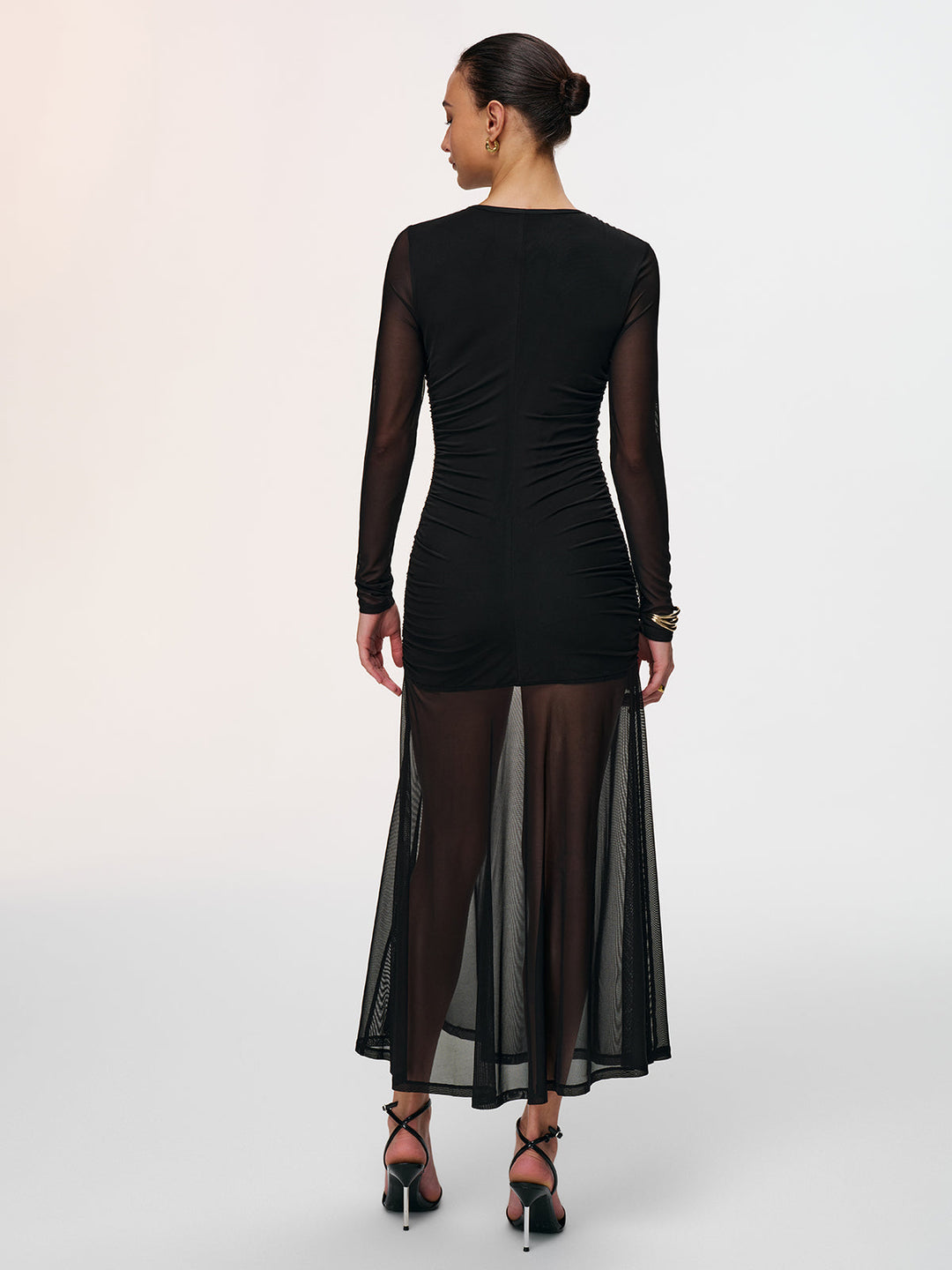 Valantomode | Elegant Keyhole-Neck Ruched Mesh Dress for Chic Style