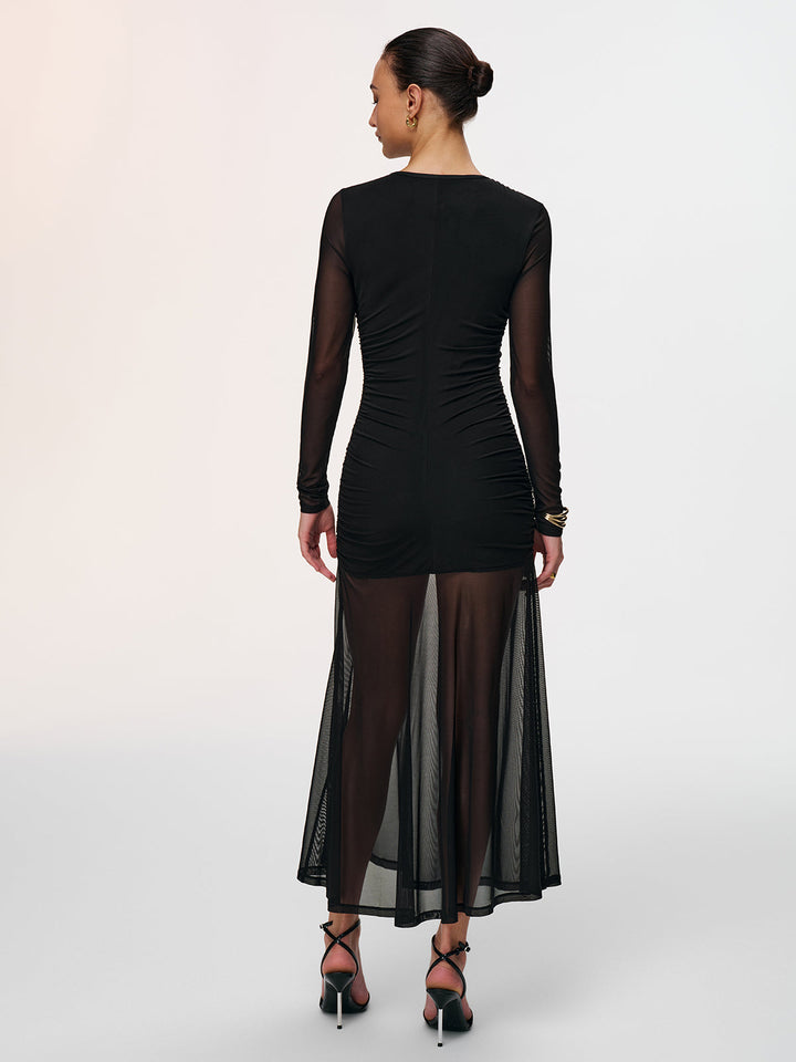 Valantomode | Elegant Keyhole-Neck Ruched Mesh Dress for Chic Style