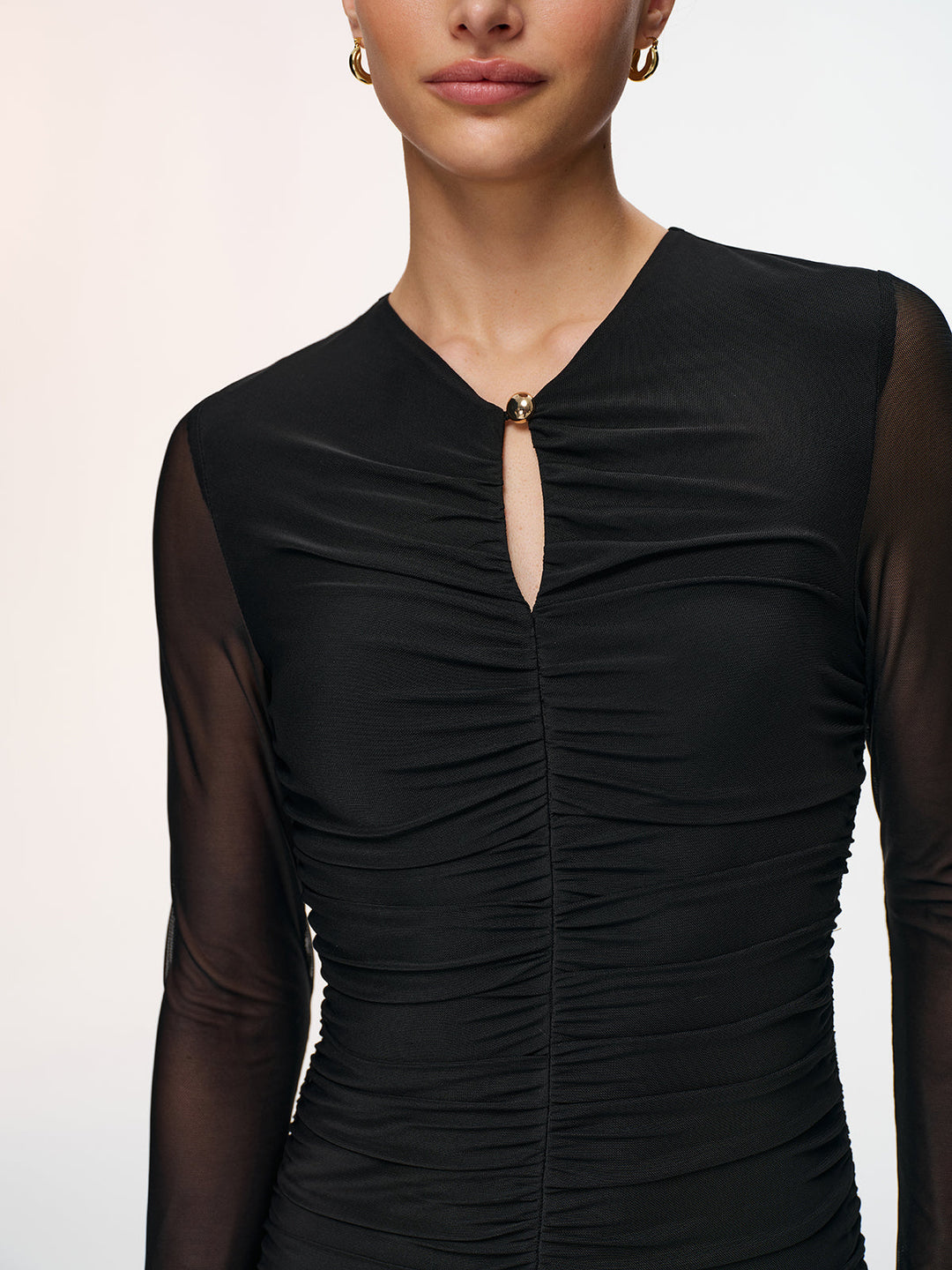 Valantomode | Elegant Keyhole-Neck Ruched Mesh Dress for Chic Style