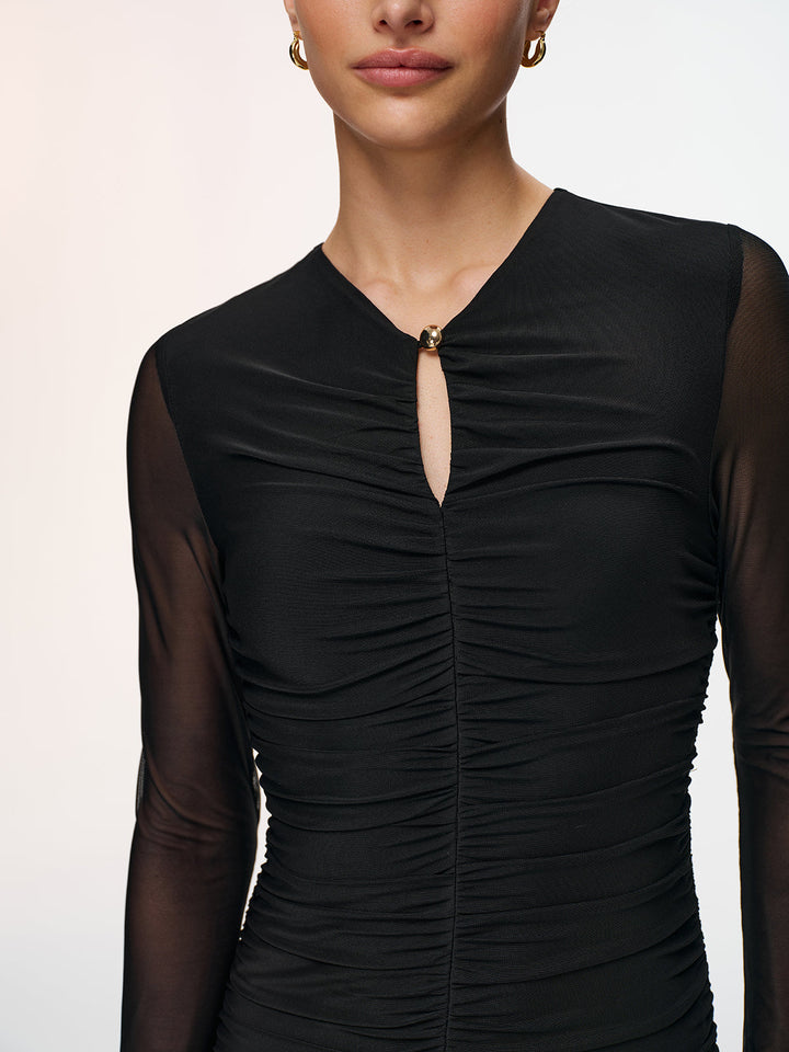 Valantomode | Elegant Keyhole-Neck Ruched Mesh Dress for Chic Style