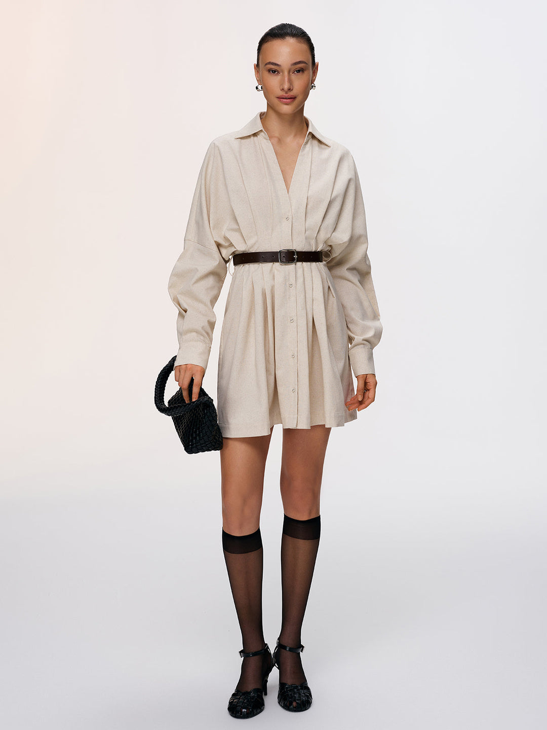 Valantomode | Chic Pleated Cotton-Linen Belted Dress for Effortless Style