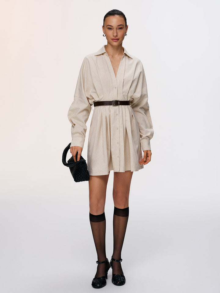 Valantomode | Chic Pleated Cotton-Linen Belted Dress for Effortless Style