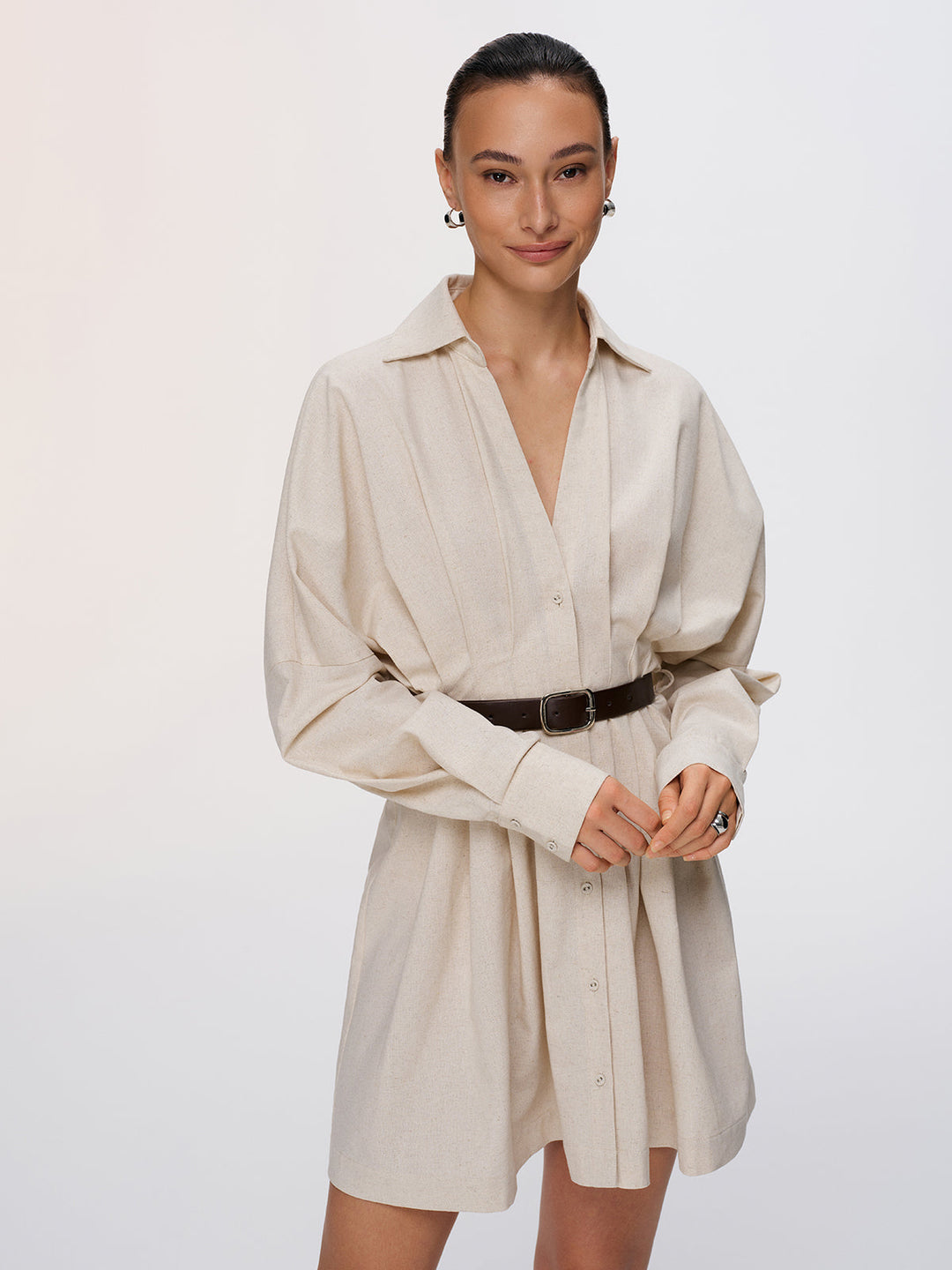 Valantomode | Chic Pleated Cotton-Linen Belted Dress for Effortless Style