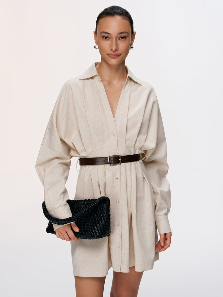 Valantomode | Chic Pleated Cotton-Linen Belted Dress for Effortless Style