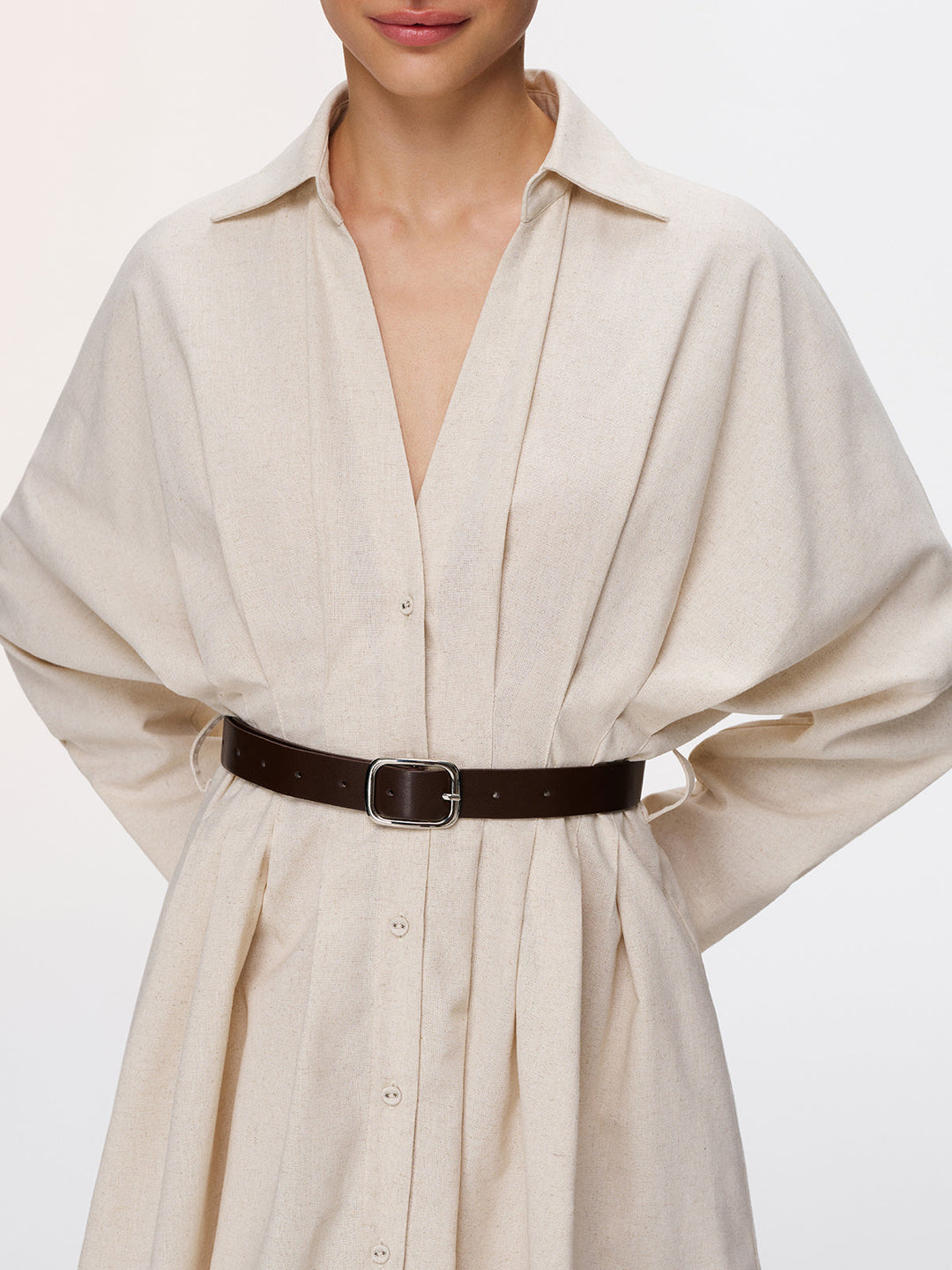 Valantomode | Chic Pleated Cotton-Linen Belted Dress for Effortless Style