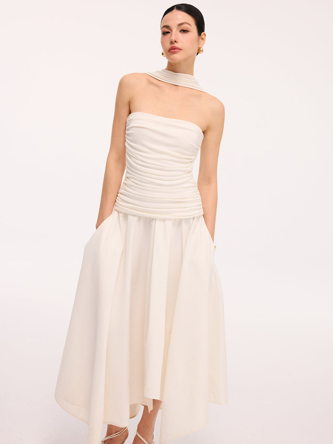 Valantomode | Chic Asymmetrical Ruched Halter Midi Dress for Elegance