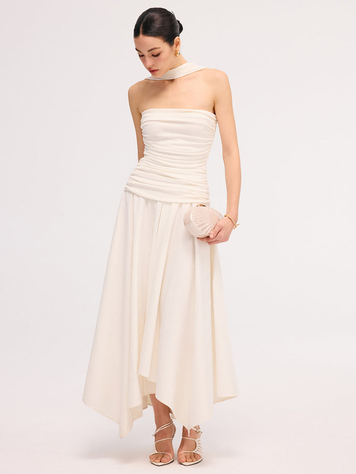 Valantomode | Chic Asymmetrical Ruched Halter Midi Dress for Elegance