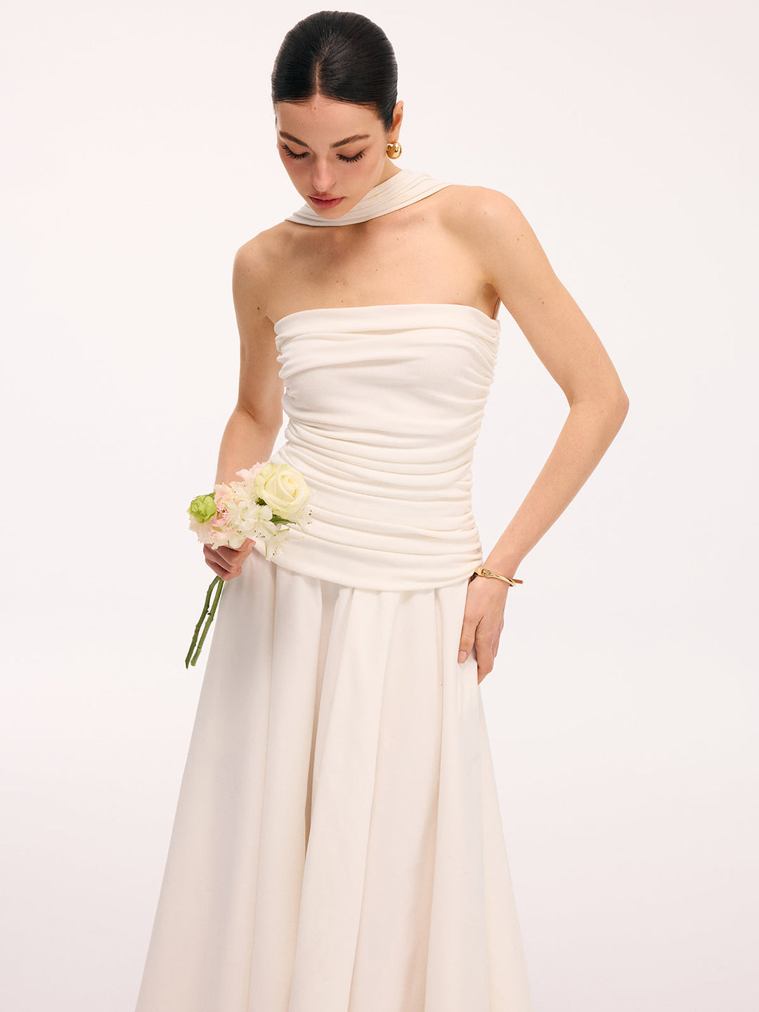 Valantomode | Chic Asymmetrical Ruched Halter Midi Dress for Elegance