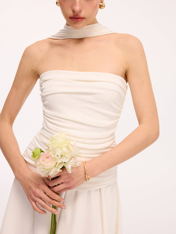 Valantomode | Chic Asymmetrical Ruched Halter Midi Dress for Elegance