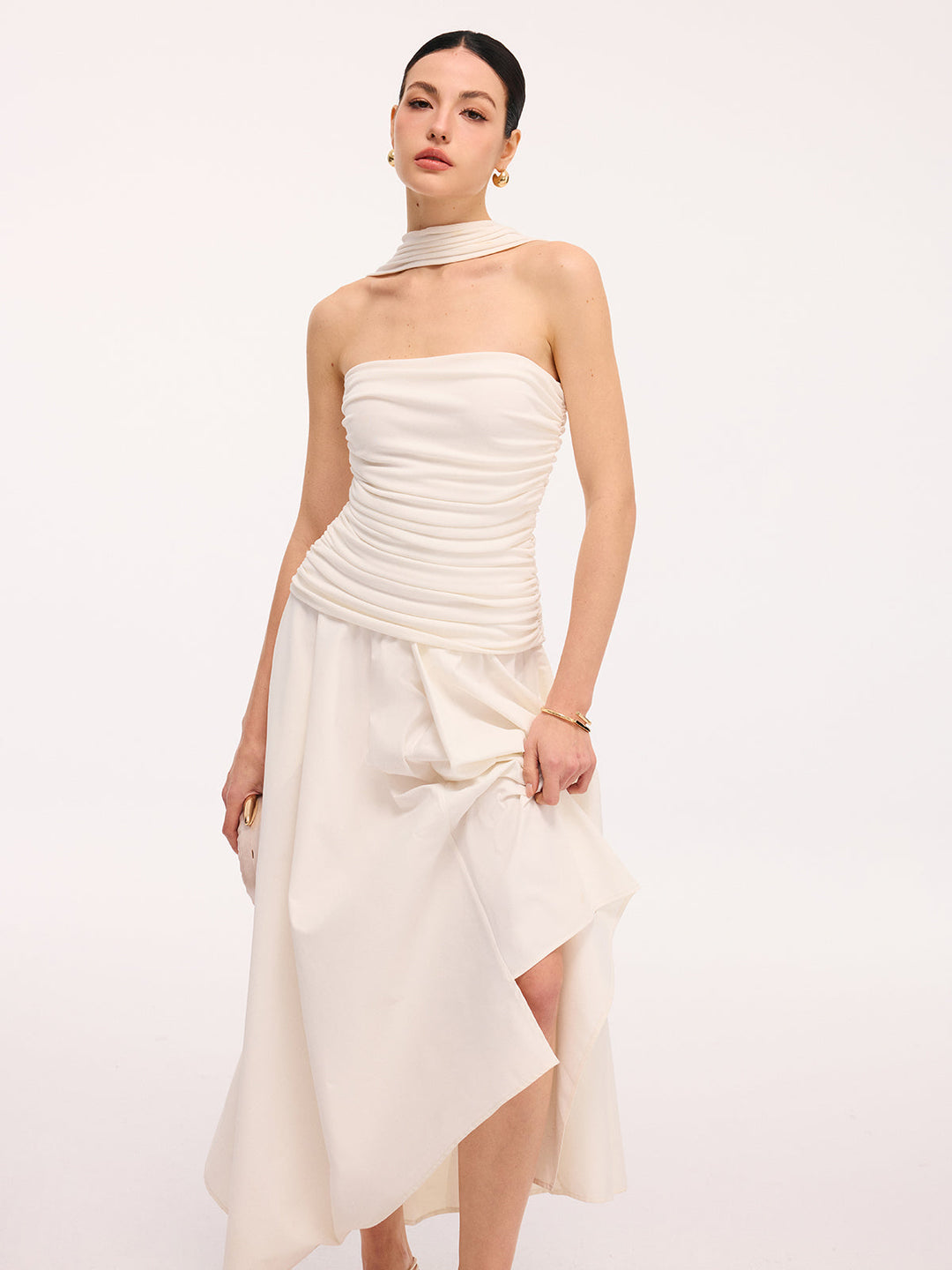 Valantomode | Chic Asymmetrical Ruched Halter Midi Dress for Elegance