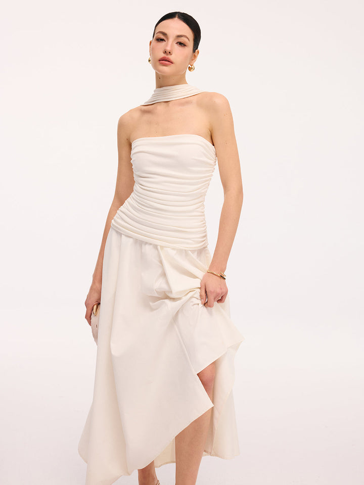 Valantomode | Chic Asymmetrical Ruched Halter Midi Dress for Elegance