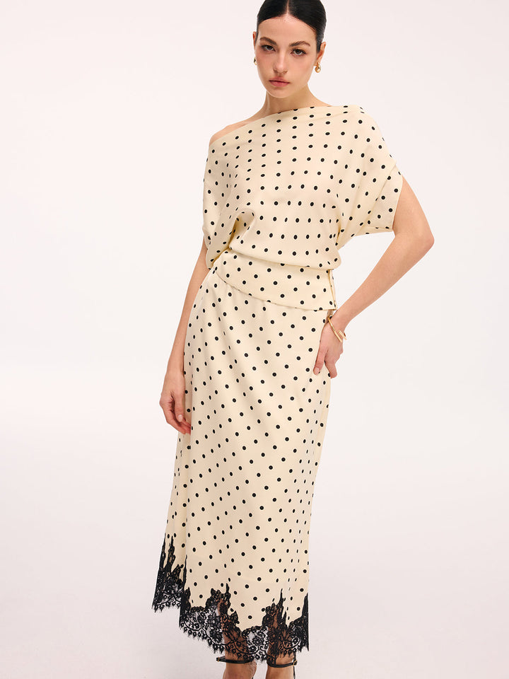 Valantomode | Chic Polka Dot & Lace Midi Skirt Ensemble Set