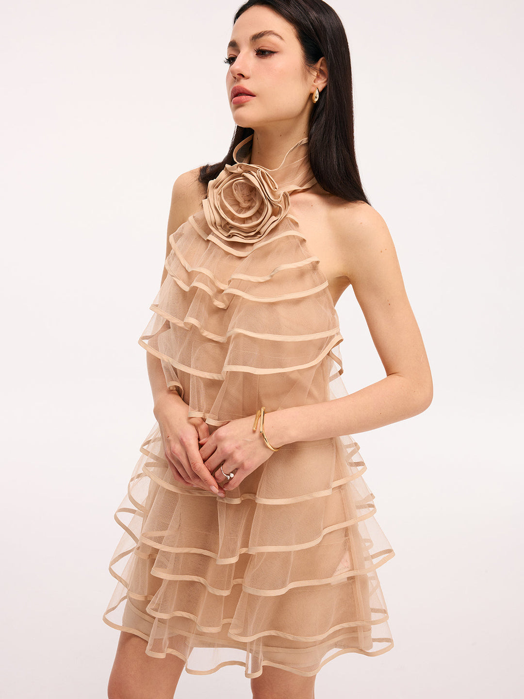 Valantomode | Chic 3D Rose Tulle Ruffled Halter Mini Dress