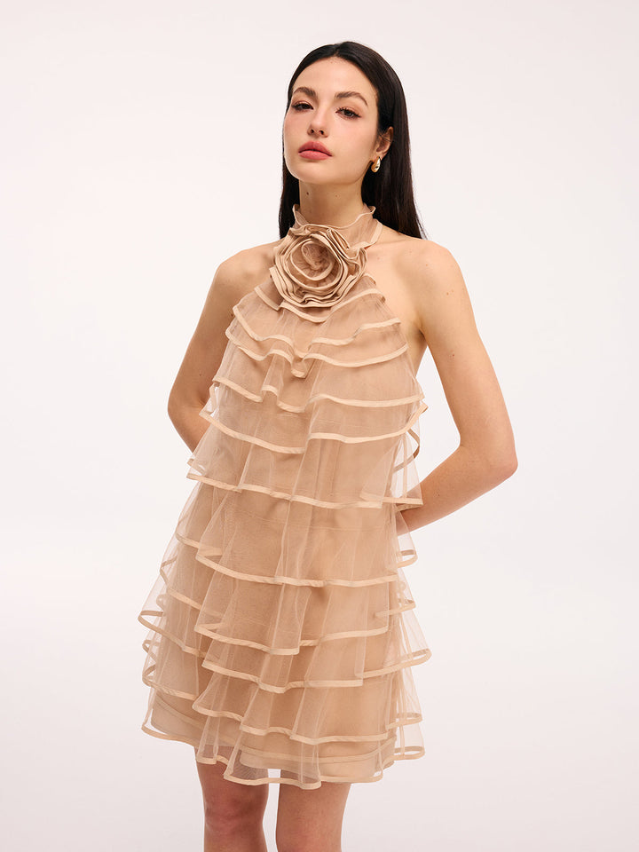 Valantomode | Chic 3D Rose Tulle Ruffled Halter Mini Dress