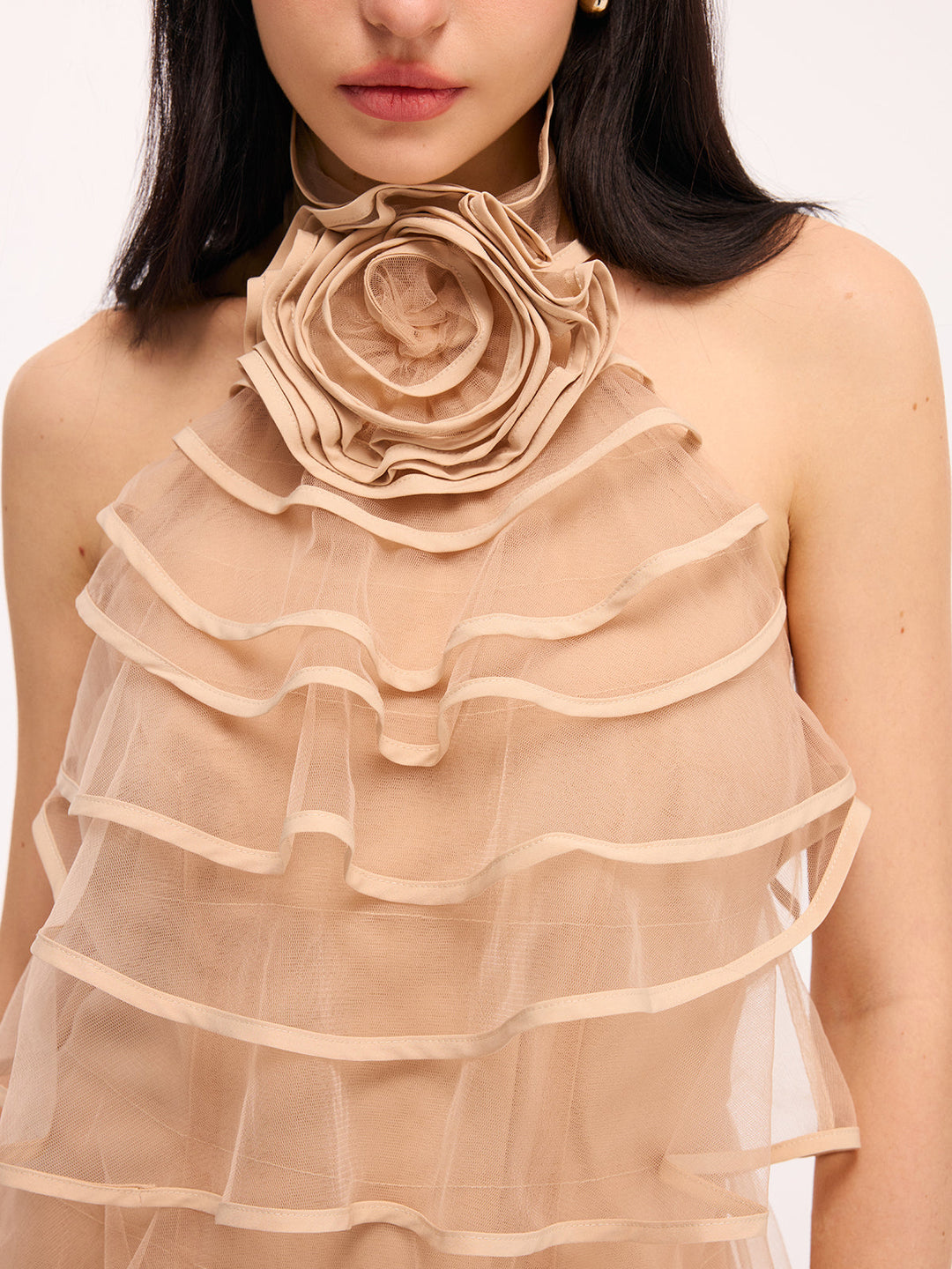 Valantomode | Chic 3D Rose Tulle Ruffled Halter Mini Dress