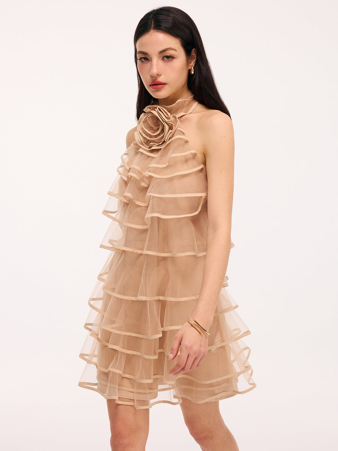Valantomode | Chic 3D Rose Tulle Ruffled Halter Mini Dress