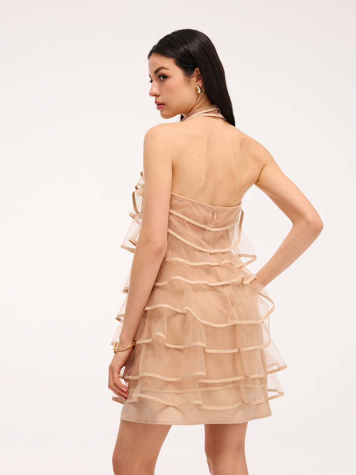 Valantomode | Chic 3D Rose Tulle Ruffled Halter Mini Dress