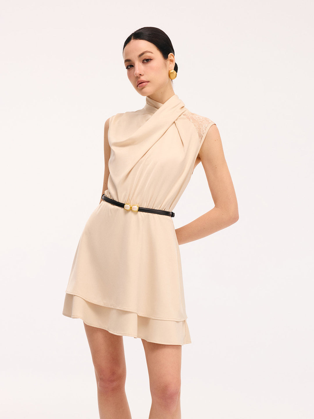Valantomode | Elegant Satin Dress with Layered Lace Hem Detail
