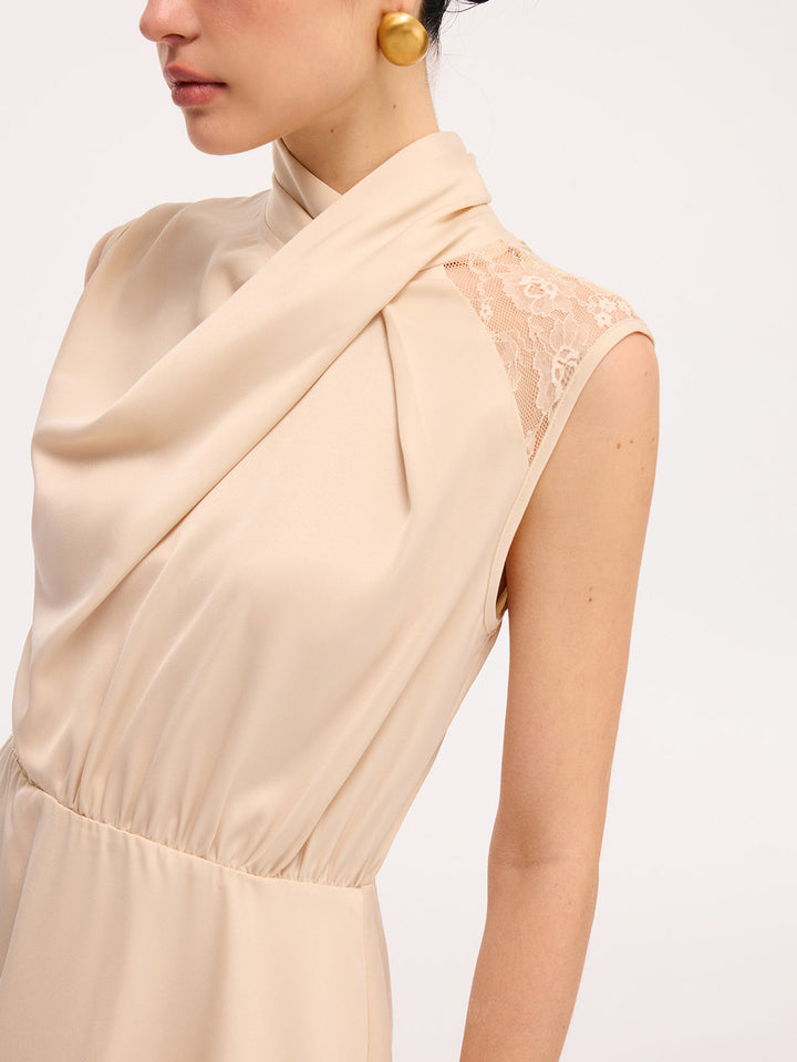 Valantomode | Elegant Satin Dress with Layered Lace Hem Detail