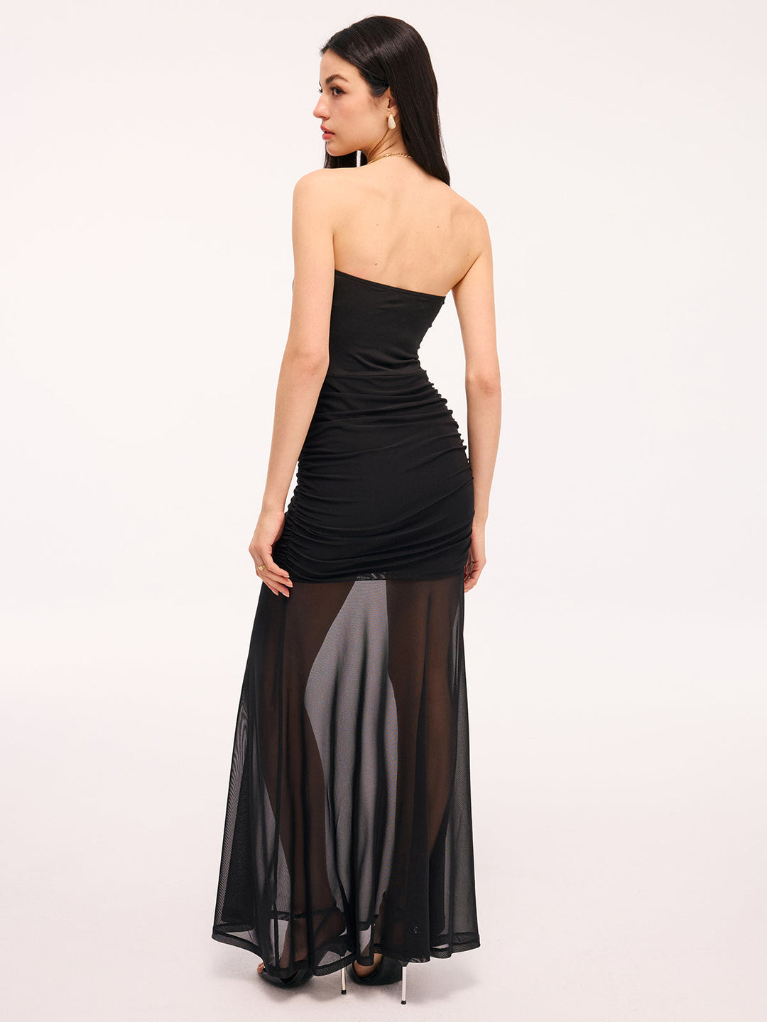 Valantomode | Strapless Ruched Maxi Dress with Mesh Panels