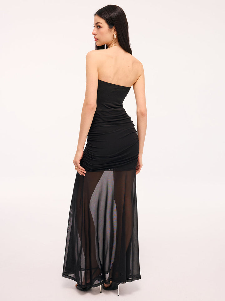 Valantomode | Strapless Ruched Maxi Dress with Mesh Panels