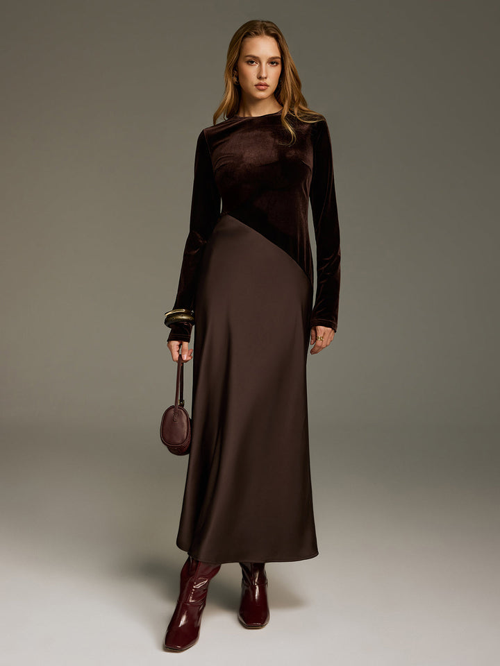 Valantomode | Luxe Velvet & Satin Long Sleeve Maxi Dress