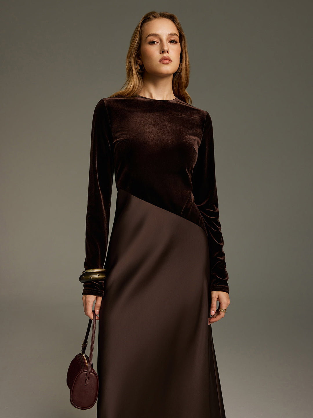 Valantomode | Luxe Velvet & Satin Long Sleeve Maxi Dress