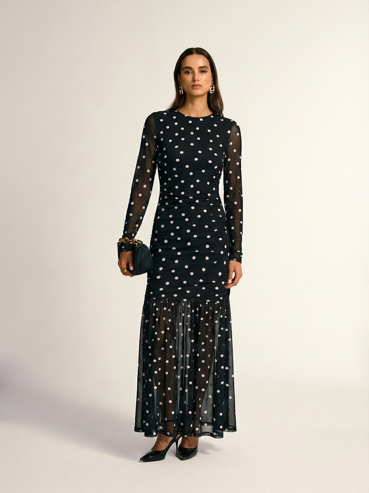 Valantomode | Chic Polka Dot Ruched Maxi Dress in Sheer Mesh