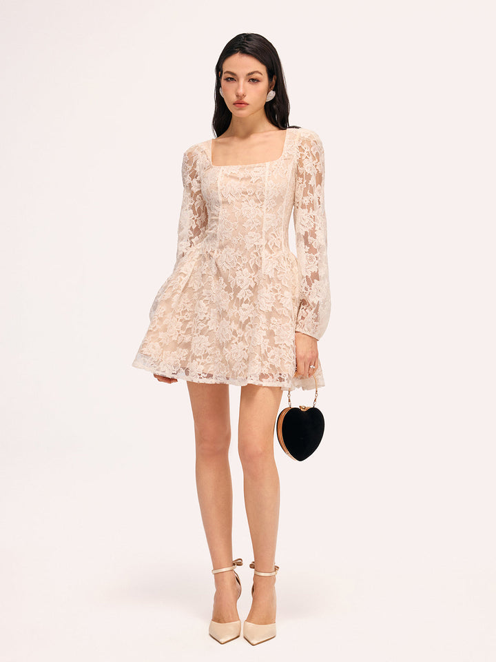 Valantomode | Floral Lace Square Neck Mini Dress for Effortless Elegance