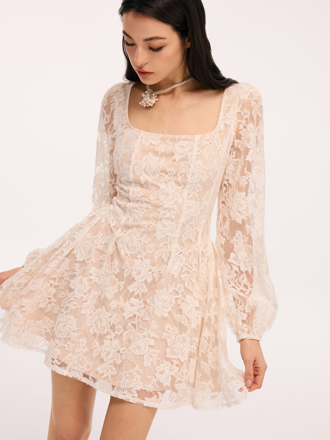 Valantomode | Floral Lace Square Neck Mini Dress for Effortless Elegance