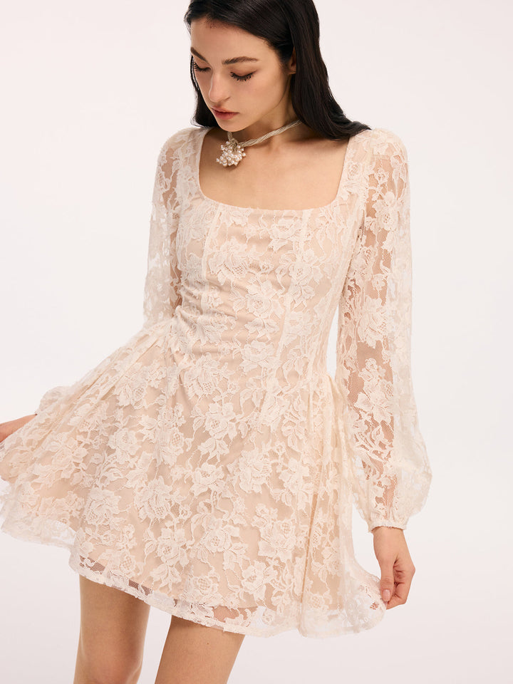 Valantomode | Floral Lace Square Neck Mini Dress for Effortless Elegance