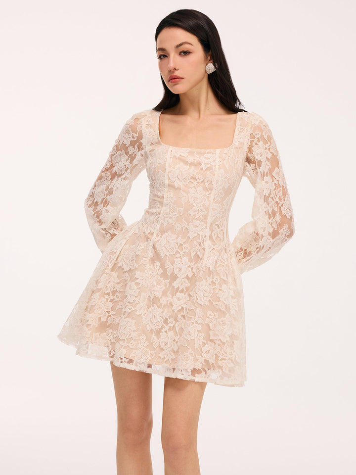 Valantomode | Floral Lace Square Neck Mini Dress for Effortless Elegance