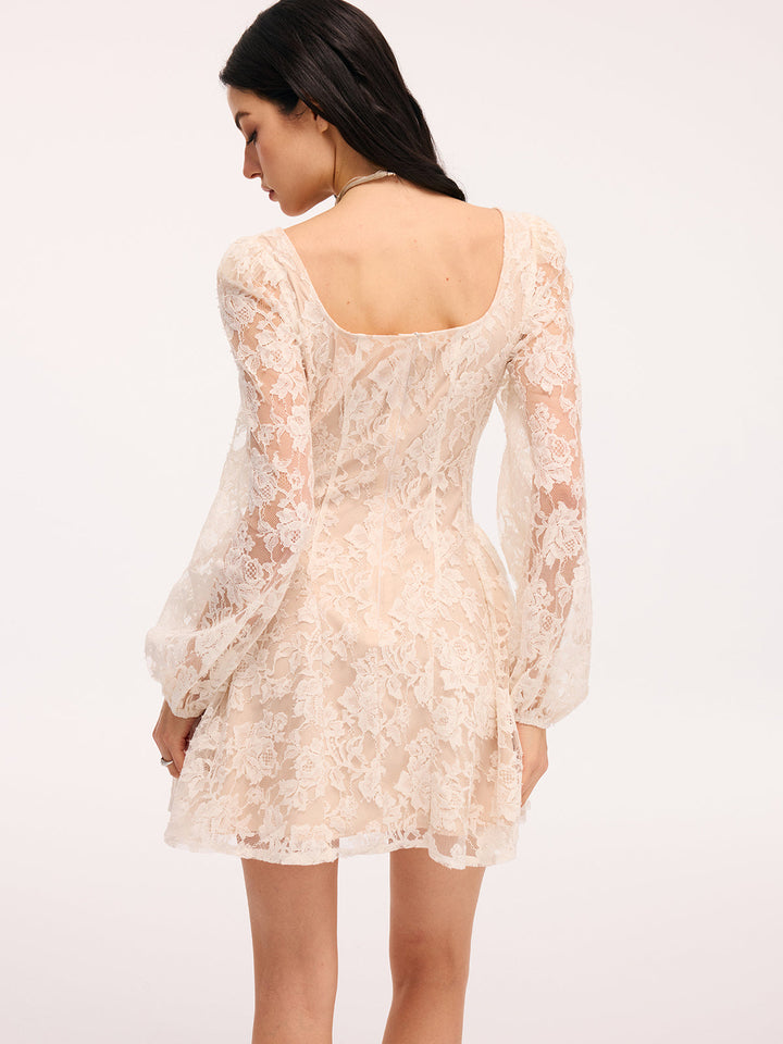 Valantomode | Floral Lace Square Neck Mini Dress for Effortless Elegance