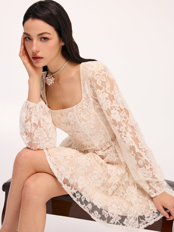 Valantomode | Floral Lace Square Neck Mini Dress for Effortless Elegance
