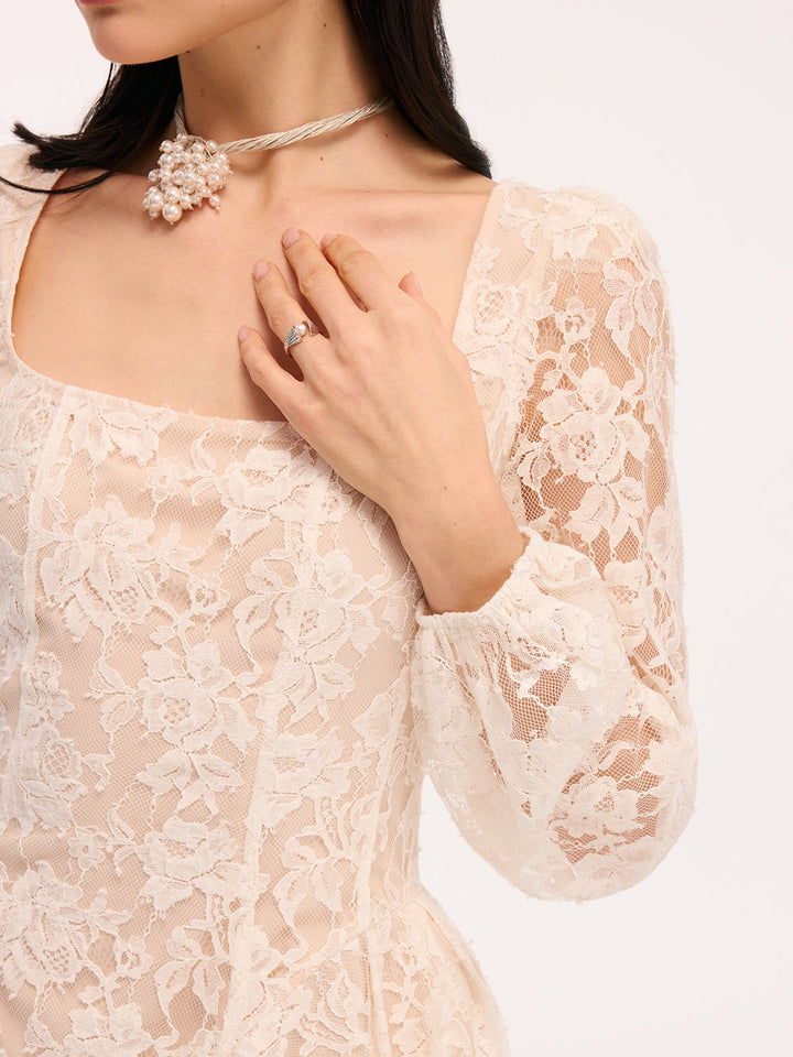 Valantomode | Floral Lace Square Neck Mini Dress for Effortless Elegance