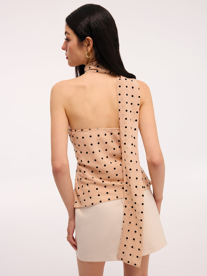 Valantomode | Chic Polka Dot Halter Neck Draped Blouse for Effortless Style