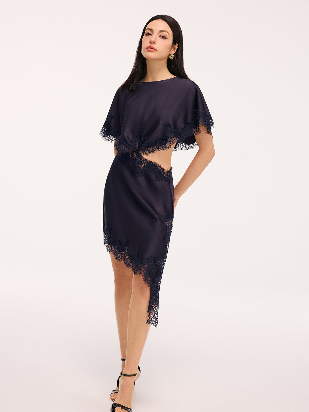Valantomode | Elegant Lace Satin Cut-Out Mini Dress Capelet