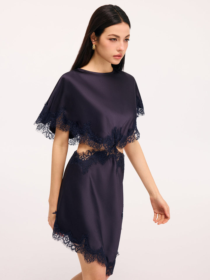 Valantomode | Elegant Lace Satin Cut-Out Mini Dress Capelet