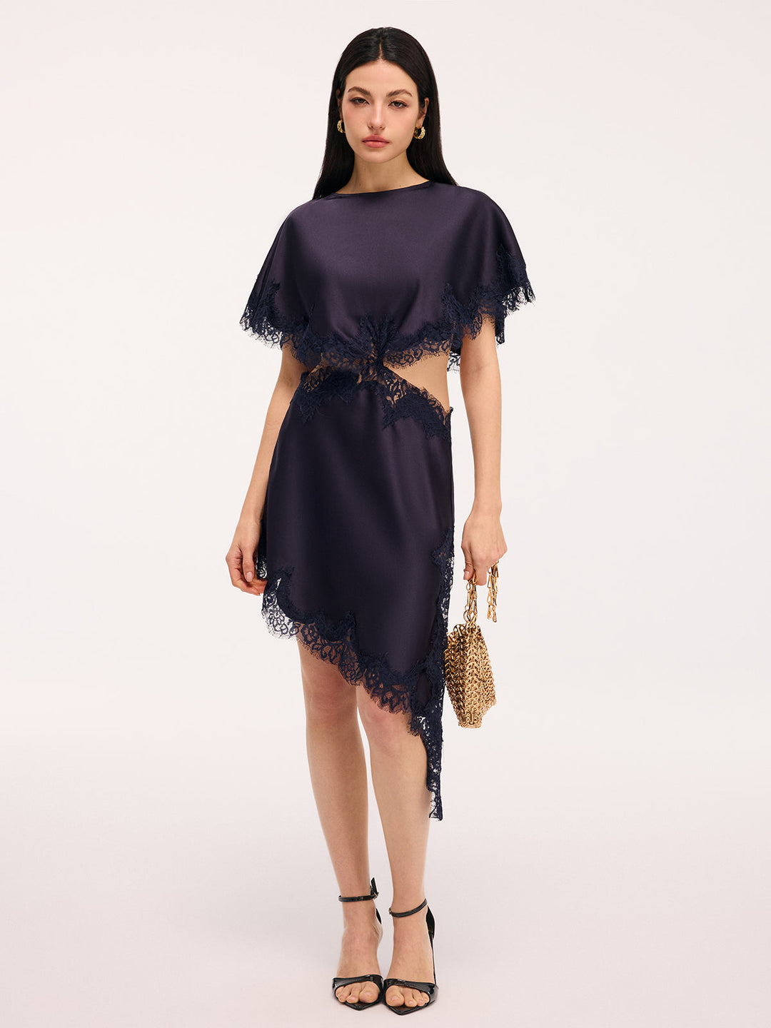 Valantomode | Elegant Lace Satin Cut-Out Mini Dress Capelet