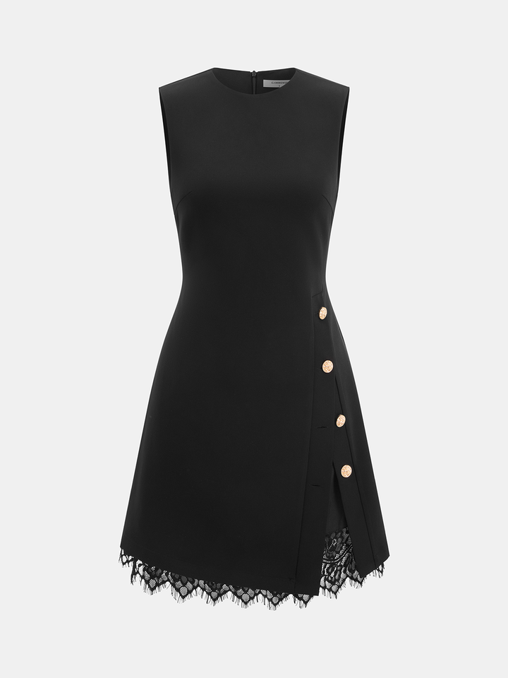 Valantomode | Chic Sleeveless Lace Trim Dress with Side Metal Accents