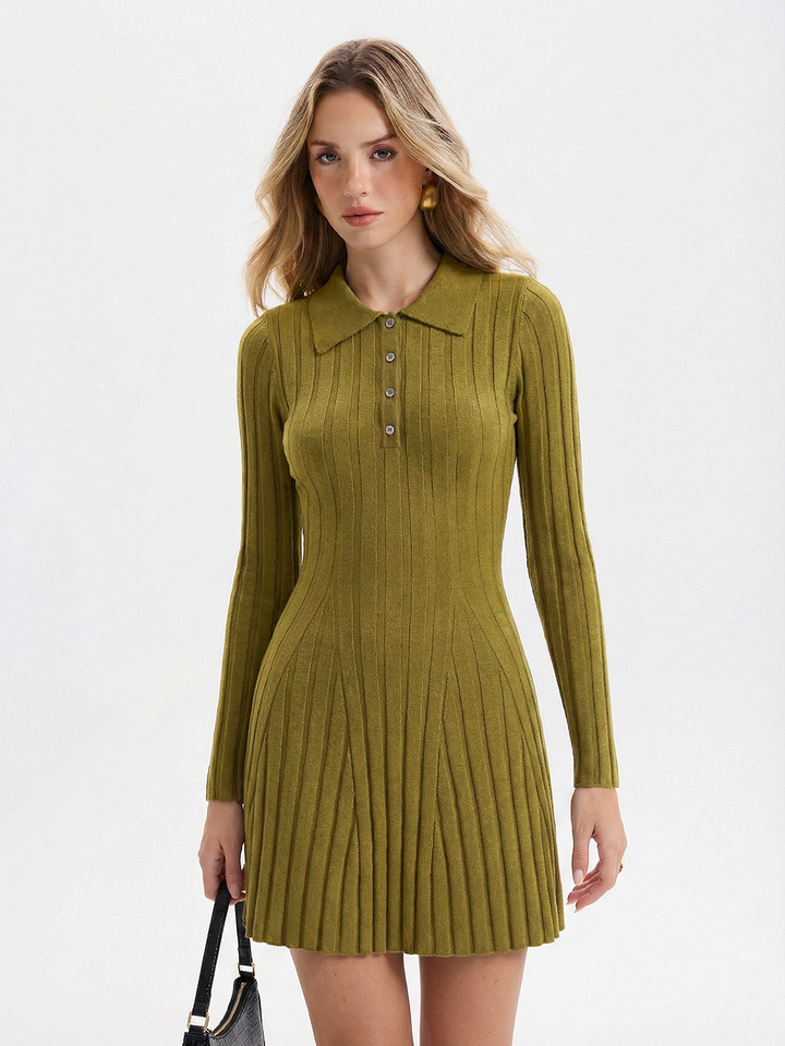 Valantomode | Chic Ribbed Wool-Blend Polo Mini Dress for Effortless Style