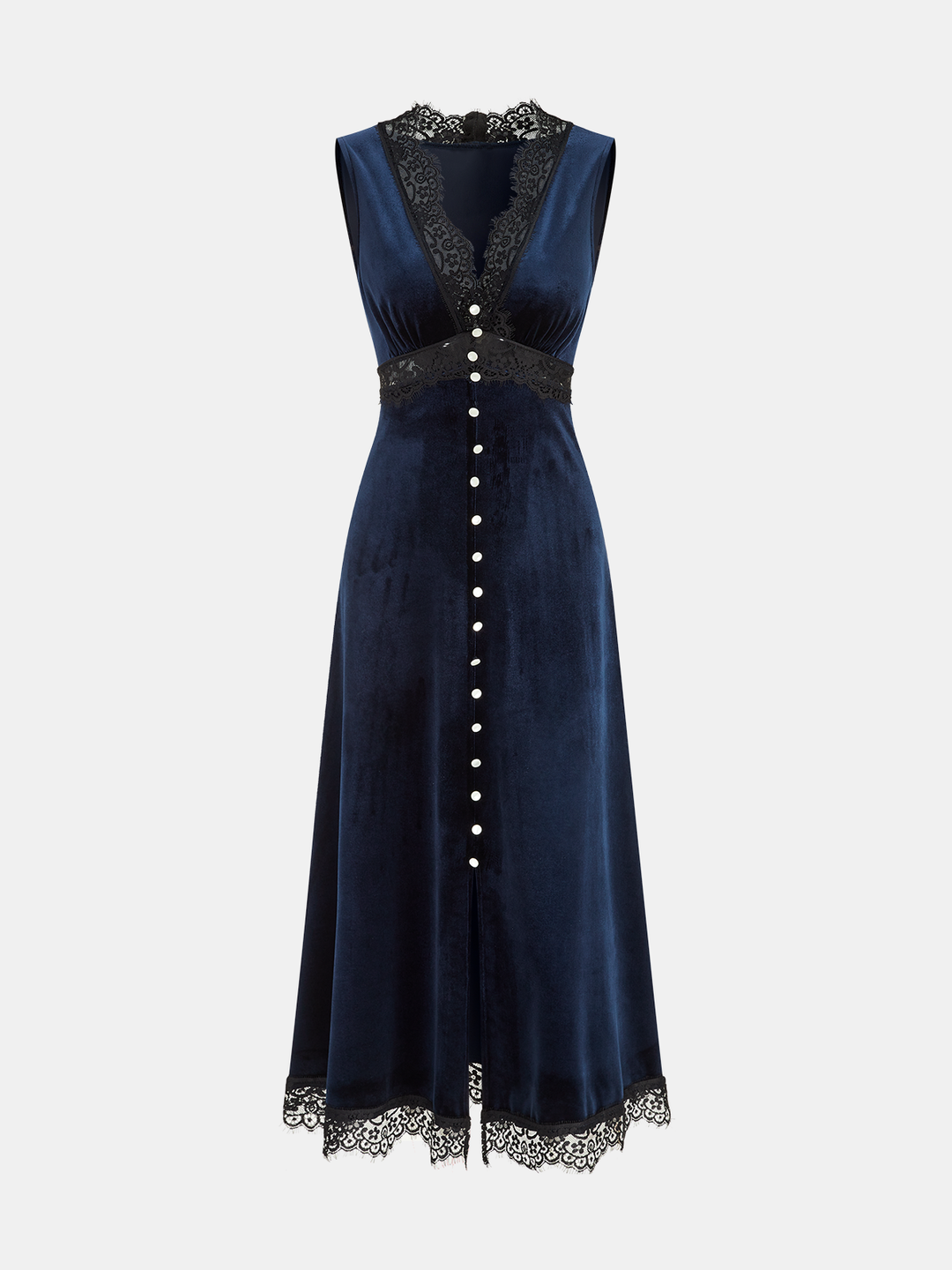 Valantomode | Elegant V-Neck Velvet Midi Dress with Lace Detail