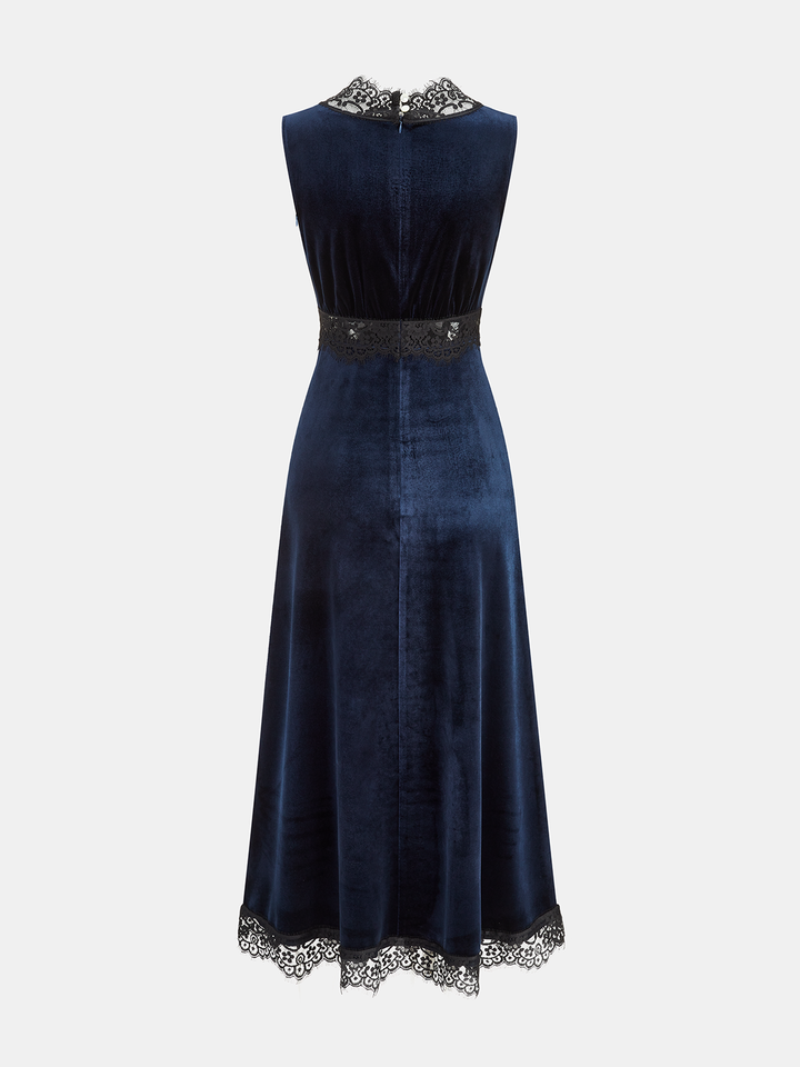 Valantomode | Elegant V-Neck Velvet Midi Dress with Lace Detail