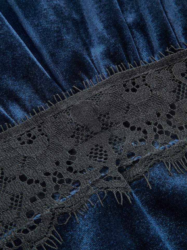 Valantomode | Elegant V-Neck Velvet Midi Dress with Lace Detail