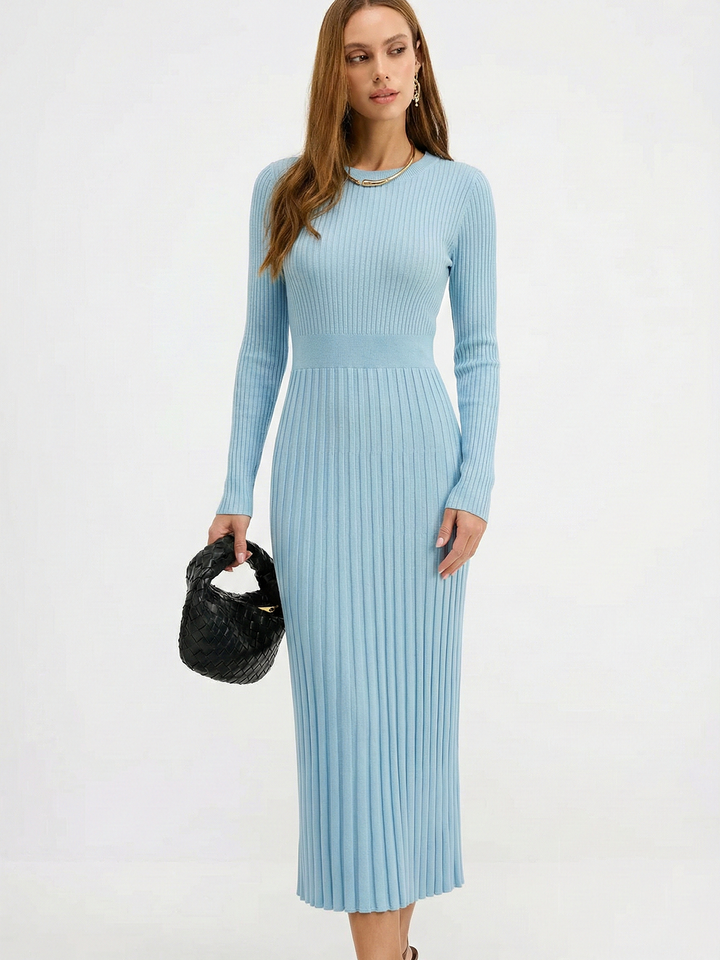 Valantomode | Chic Long-Sleeve Ribbed Knit Maxi Dress for Effortless Style