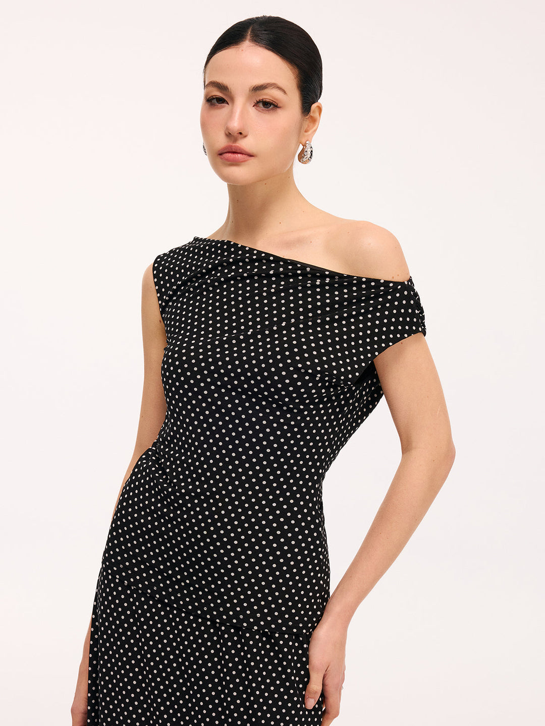 Valantomode | Chic Polka Dot One-Shoulder Top & Maxi Skirt Ensemble